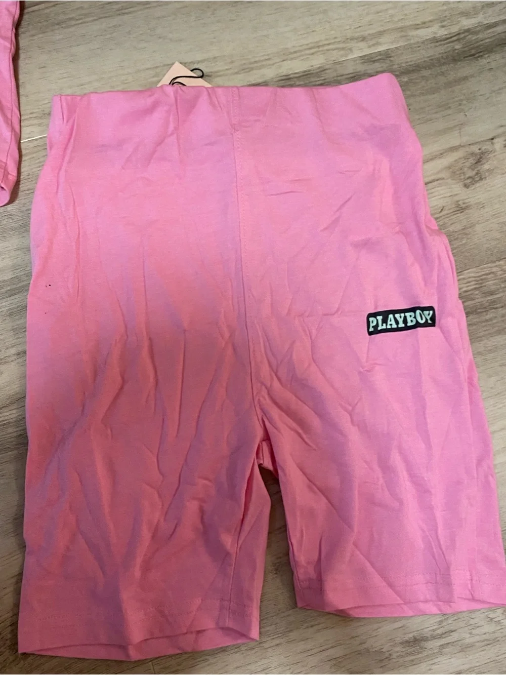 Missguided x PLAYBOY Pink Spaghetti-Strap Crop Top & High-Waist Bike Shorts set